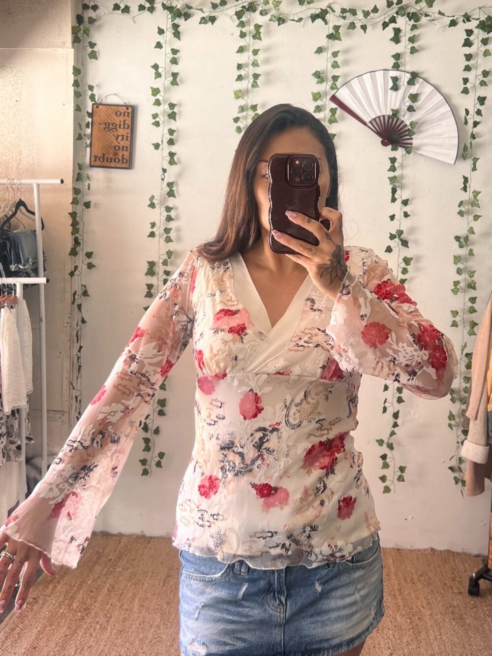 Wrapper Sheer Lace Floral Bell Sleeve Top – Size L